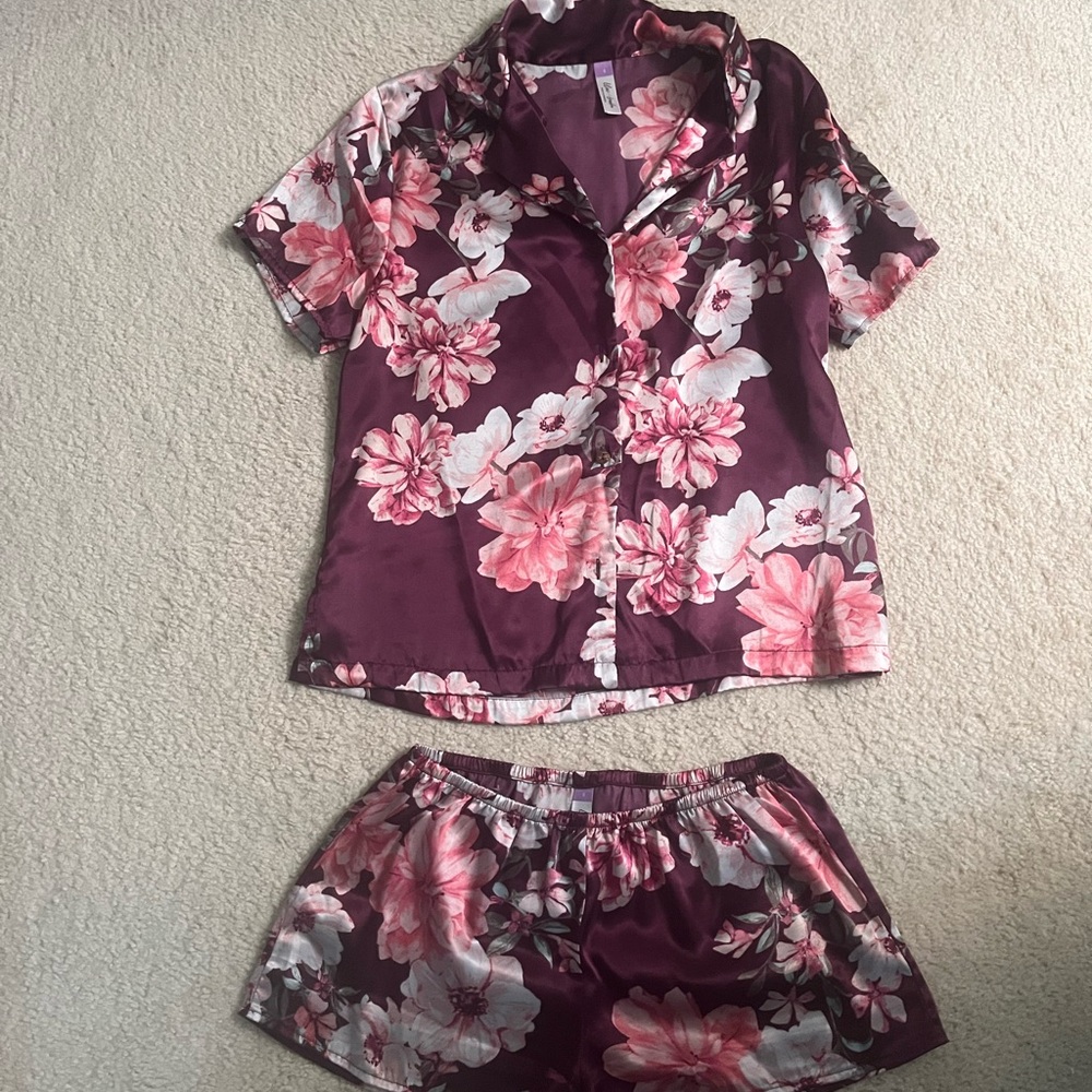 Floral Satin Pajama Set - Purple and Pink
